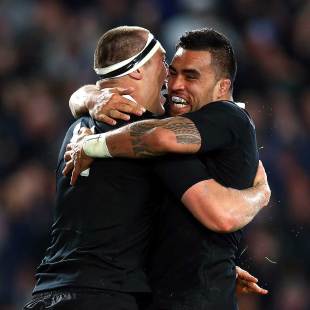 New Zealand's Liam Messam congratulates Brodie Retallick on his first Test try, New Zealand v South Africa, The Rugby Championship, Freedom Cup, Eden Park, Auckland, September 14, 2013