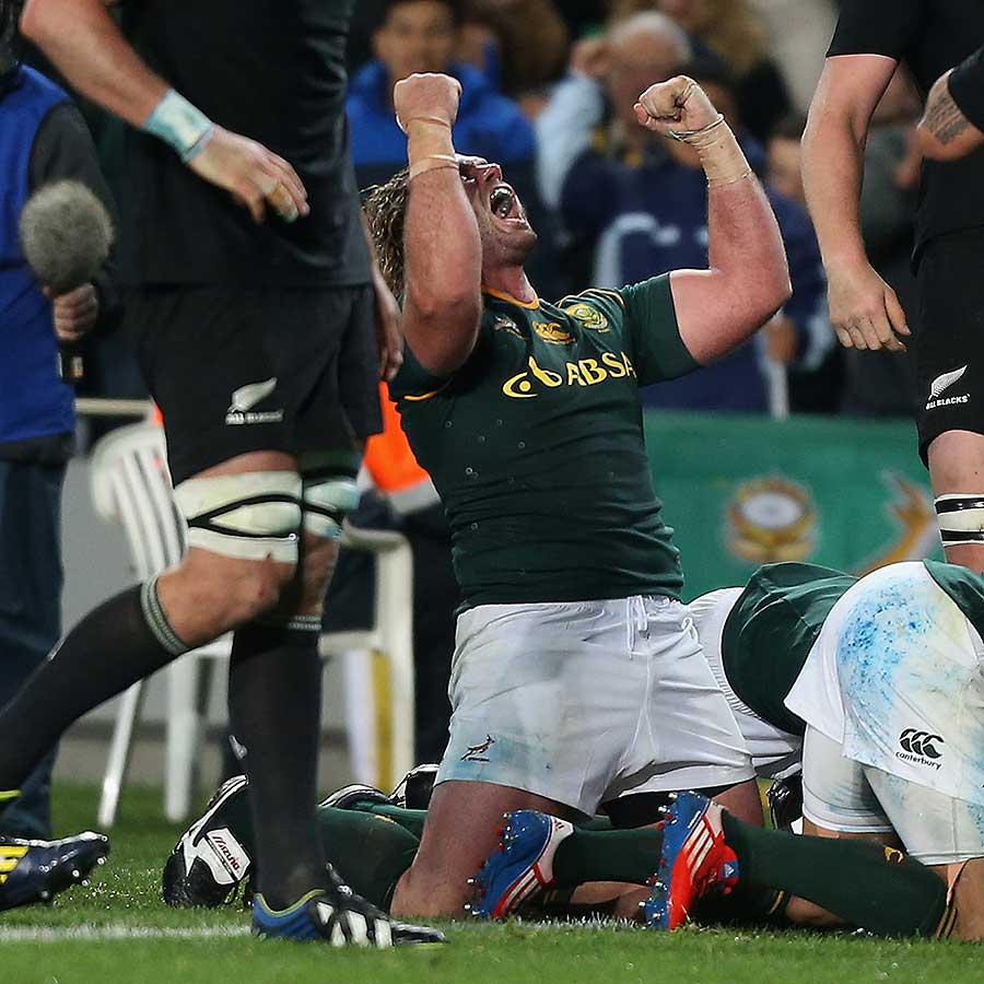 South Africa's Jannie du Plessis celebrates Bismarck du Plessis' try