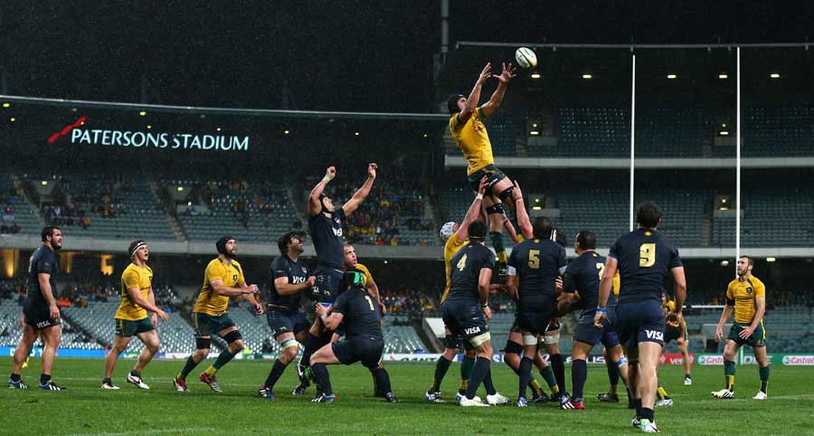 Australia's Rob Simmons takes the lineout in a sparsely filled Paterson's Stadium
