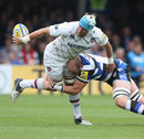 Leicester's Jordan Crane off loads in the tackle