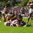 Counties Manukau's Jimmy Tupou scores a try, beating Jarrad Hoeata to the ball
