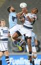 Northland's Derek Carpenter and Auckland's Lolagi Visinia compete for a high ball