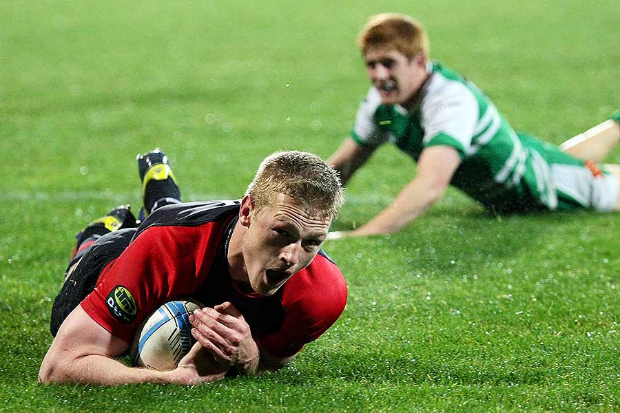Canterbury's Johnny McNicholl scores a try
