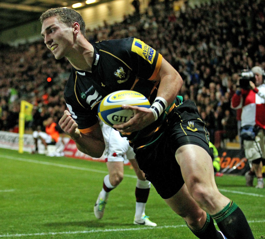 George North celebrates scoring his first Premiership try for Northampton