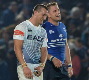 Cardiff Blues' Sam Warburton and Leinster's Jamie Heaslip share a joke, Leinster v Cardiff Blues, RaboDirect PRO12, RDS, Dublin, September 27, 2013
