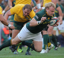South Africa's Adriaan Strauss crashes over for a try