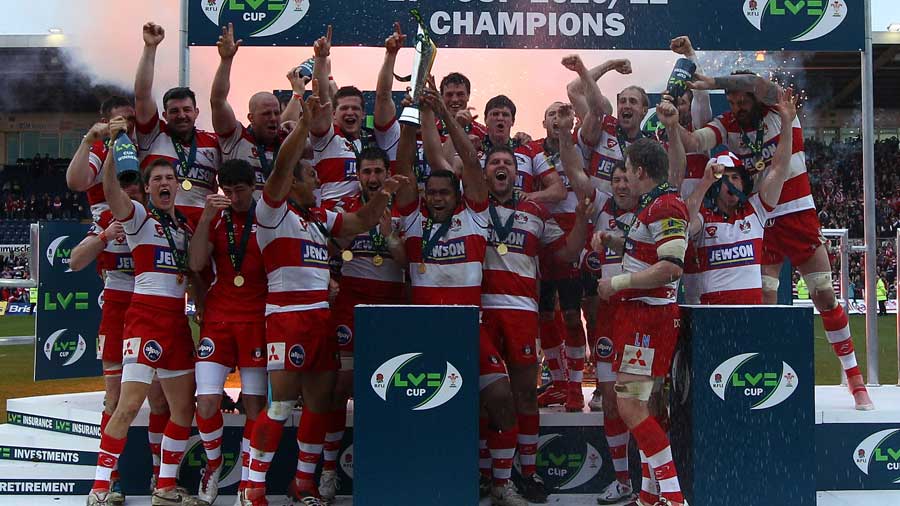 Gloucester celebrate their Anglo-Welsh Cup win