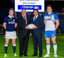 Stuart Hogg, Scottish Rugby's Chief Executive Mark Dodson, viagogo's Oliver Wheeler and Matt Scott unveil Scottish Rugby's partnership with viagogo
