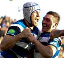 Bath's Mat Gilbert celebrates his try against Dragons
