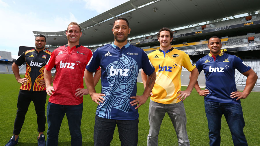 Captains pose for a photo during the 2014 New Zealand Super Rugby season launch