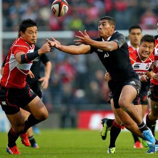 New Zealand's Charles Piutau collects a loose ball to score his first try, Japan v New Zealand, Prince Chichibu Memorial Rugby Stadium, Tokyo, November 2, 2013