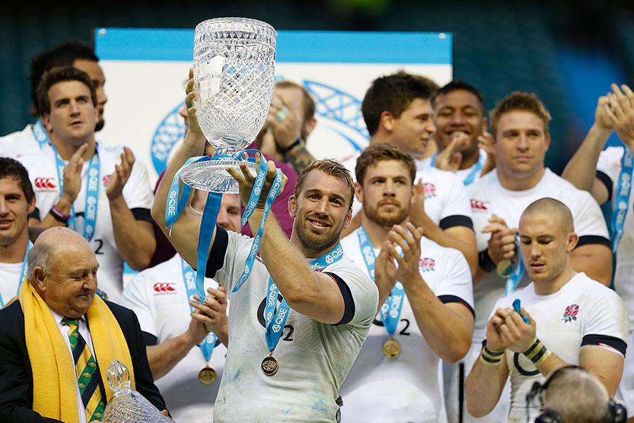 Chris Robshaw hoists the Cook Cup after England's 20-17 win over Australia