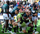 London Irish's Sailosi Tagicakibau is congratulated after he dives over to score