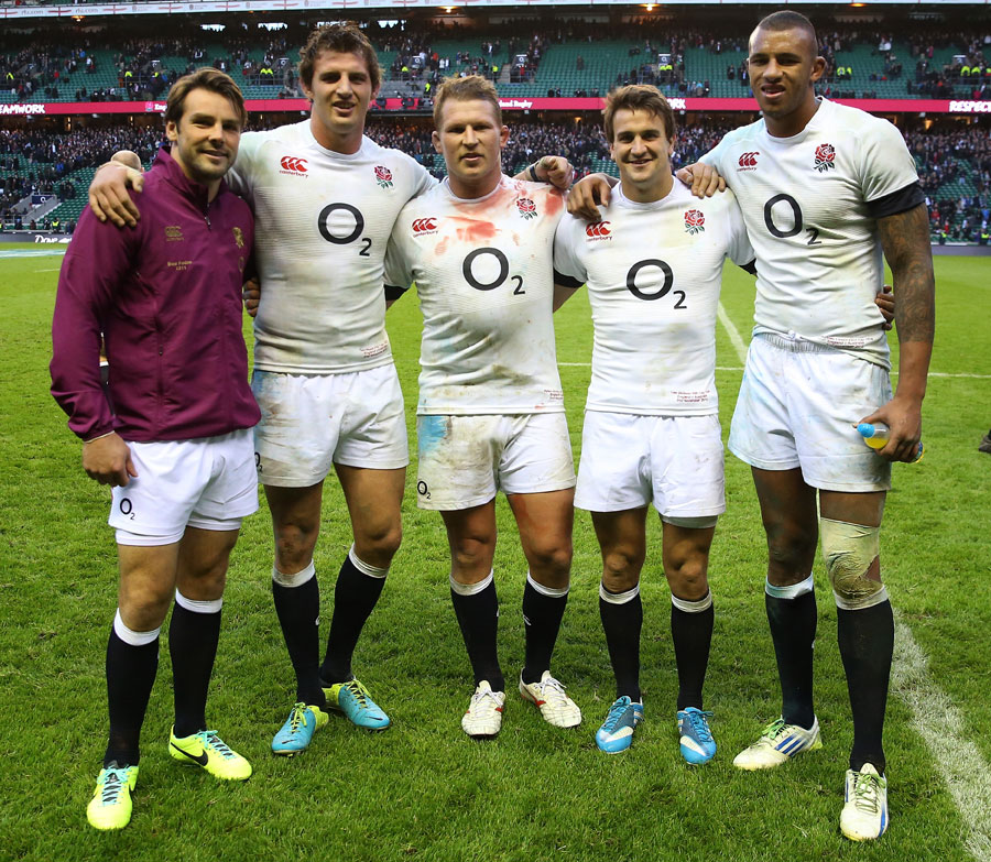 Ben Foden, Tom Wood, Dylan Hartley, Lee Dickson and Courtney Lawes pose post match