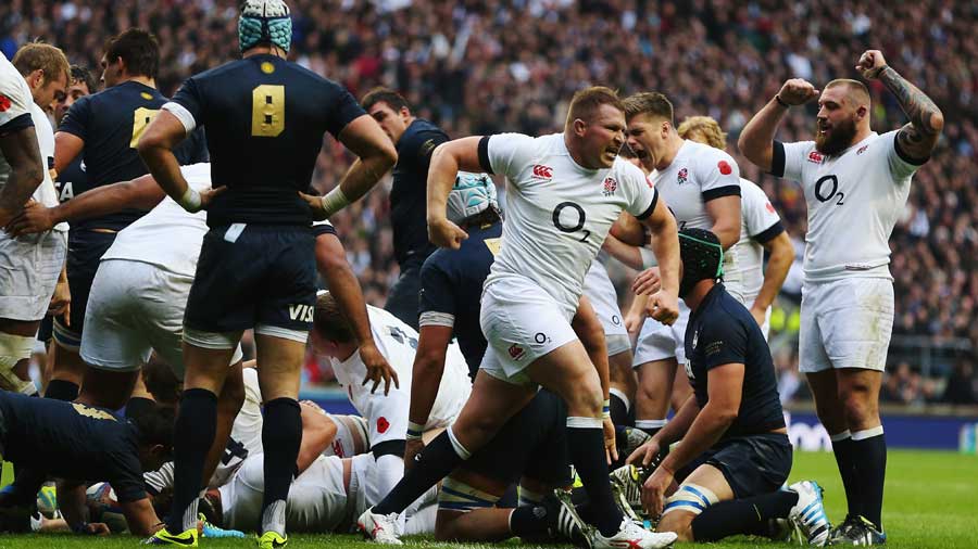 Dylan Hartley enjoys England's first try