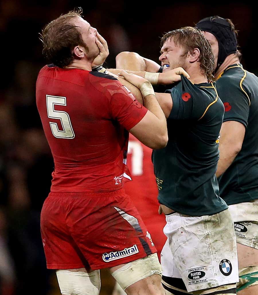 Wales' Alun-Wyn Jones and South Africa's Duane Vermeulen get to know each other