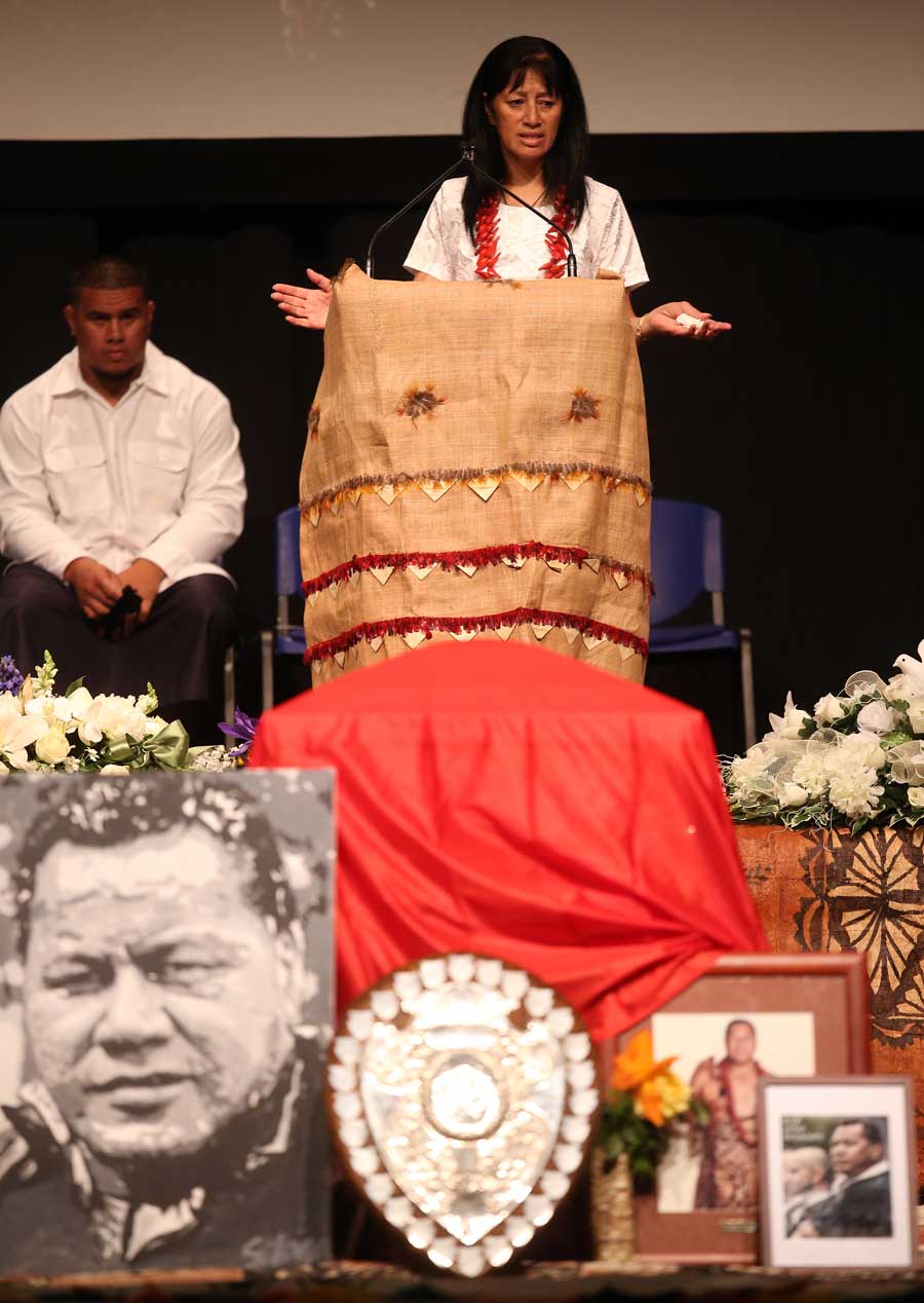 Anne Fatialofa, wife of the late Pater Fatialofa, speaks during his funeral in New Zealand