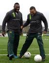 South Africa's Tendai Mtawarira and Bryan Habana try out a spot of football