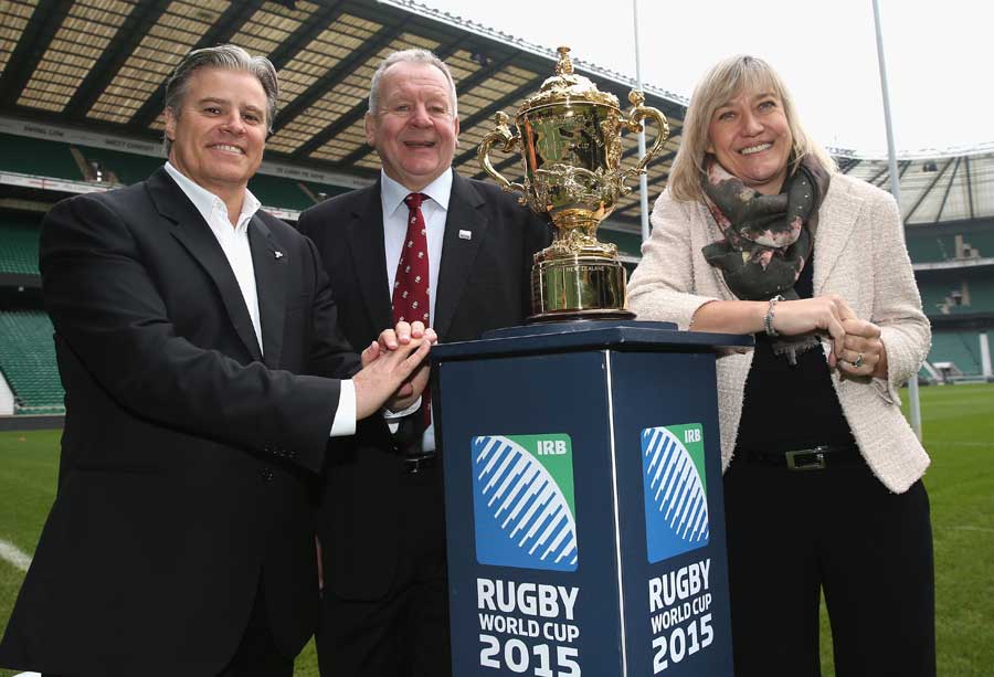 Brett Gosper, Bill Beaumont and Debbie Jevans at the unveiling of the RWC 2015 ticket prices
