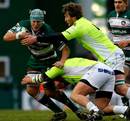 Leicester forward Jordan Crane is tackled by the Treviso defence