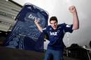Blues fan Jonathan Wilton checks out the giant replica jersey displayed to mark the launch of the jumper