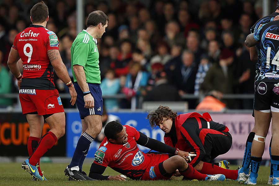 Toulon's Bryan Habana lies on the pitch after sustaining a thigh injury