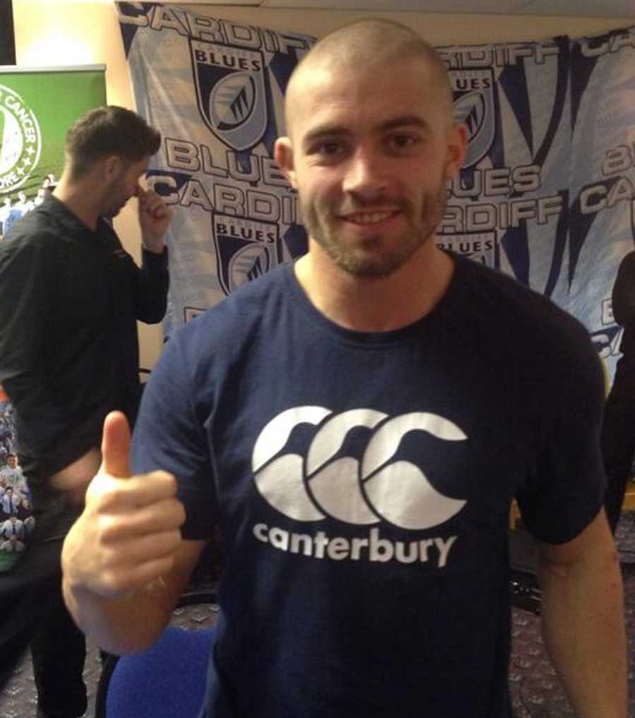 Cardiff Blues' Leigh Halfpenny after having his hair shaved for charity