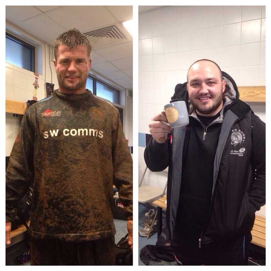 Exeter's Ceri Sweeney shows the aftermath of training while Craig Mitchell enjoys the warm