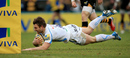 Dave Lewis of Exeter dives over to score within a minute against London Wasps