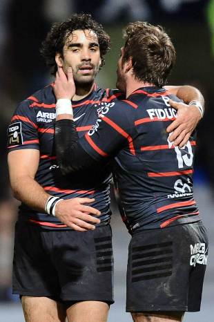 Toulouse's Maxime Medard (right) and Yoann Huget celebrate the former's try, Toulouse v Clermont, Top 14, Stade Ernest Wallon, January 5, 2014