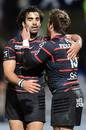 Toulouse's Maxime Medard (right) and Yoann Huget celebrate the former's try against Clermont