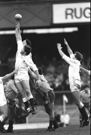 England's John Orwin plucks the ball at the lineout, England v Romania, Twickenham, January 5, 1985