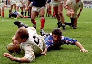 England's Dewi Morris slides over, France v England, Five Nations, Parc des Princes, February 15, 1992