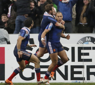 France celebrate Gael Fickou's match-winning try at the death, France v England, Six Nations, Stade de France, Paris, February 1, 2014