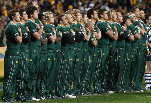 South Africa's players sing the anthem