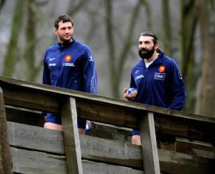 France skipper Lionel Nallet and fellow lock Sebastien Chabal arrive for France training ahead of the Six Nations at Marcoussis, France, January 26 2009