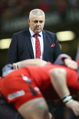 Warren Gatland keeps a close eye on the scrum before the match, Wales v Italy, Six Nations, Millennium Stadium, Cardiff, February 1, 2014