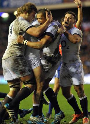 England celebrate Luther Burrell's score, Scotland v England, Six Nations, Murrayfield, February 8, 2014