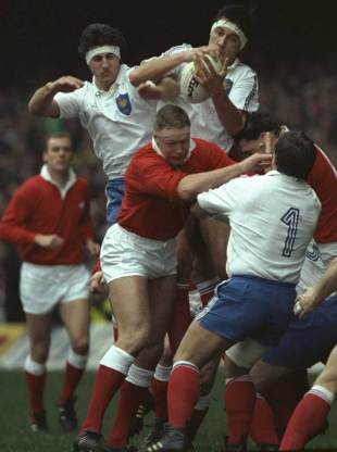Thierry Devergie and Olivier Roumat of France jump to claim the ball, Wales v France, Five Nations, Cardiff, January 20, 1990