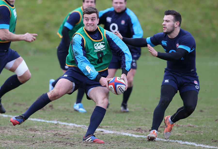 George Ford passes the ball during the England training session at Pennyhill Park