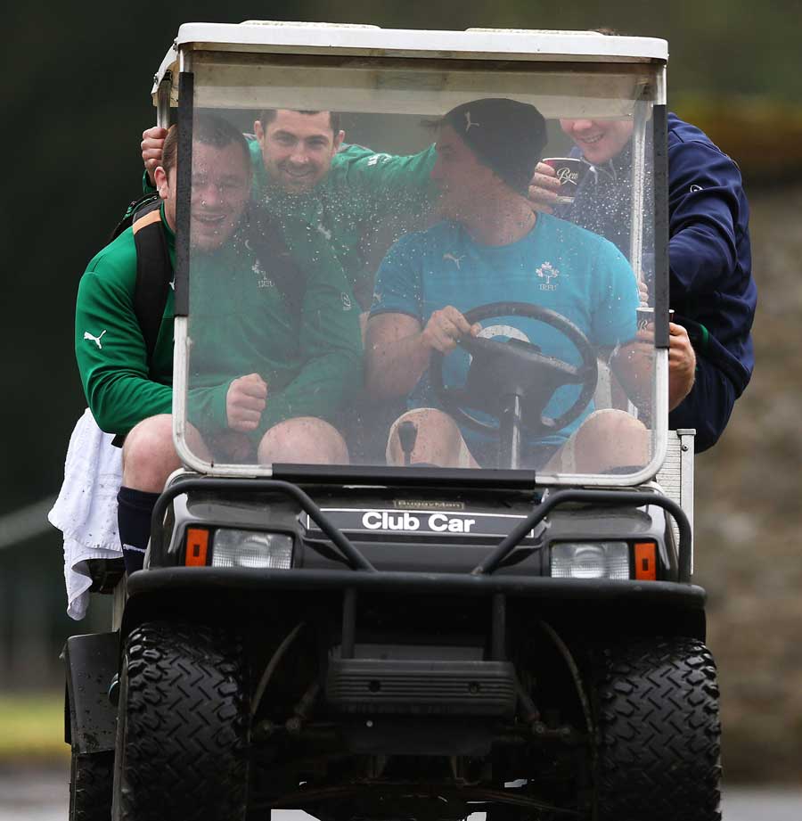 Ireland's Cian Healy, Rob Kearney, Jamie Heaslip and Peter O'Mahony arrive for training in style