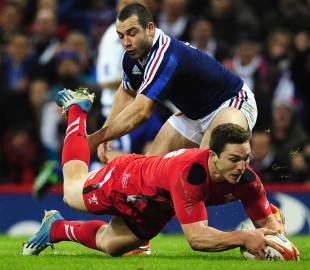 Wales' George North grabs the opening try of the game, Wales v France, Six Nations, Millennium Stadium, Cardiff, February 21, 2014