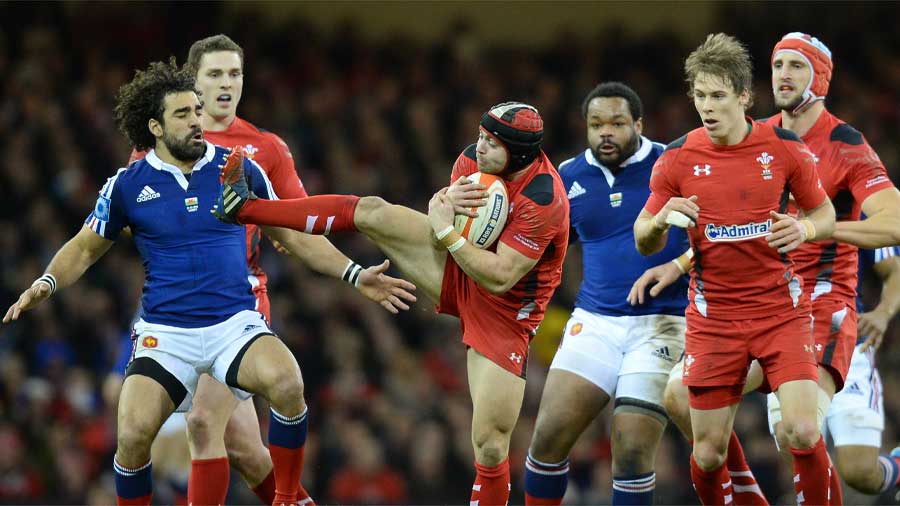 Wales' Leigh Halfpenny takes the high ball