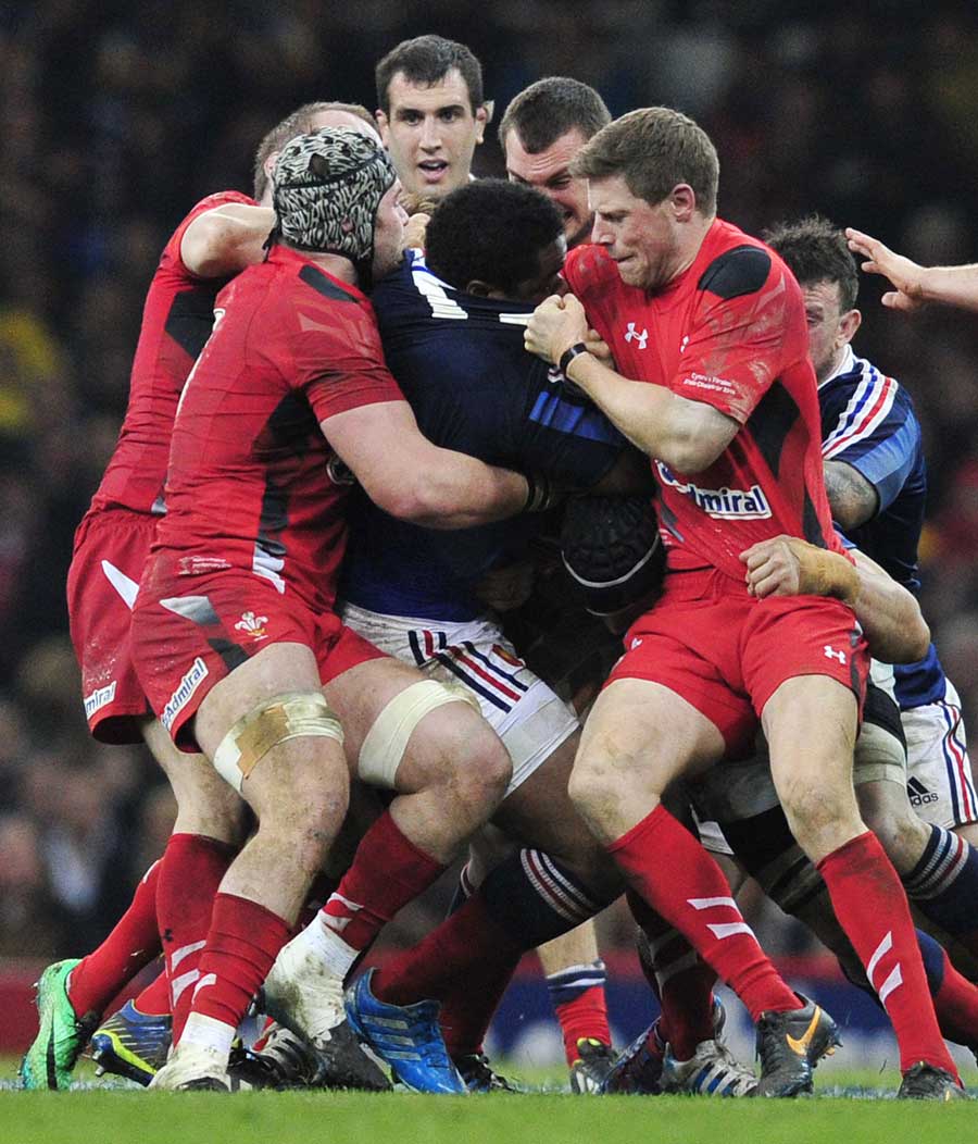 France's Mathieu Bastareaud is halted by the Welsh defence