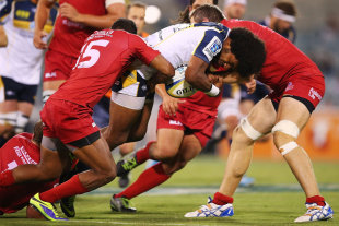 Henry Speight takes on the Reds defence, Brumbies v Reds, Round Two, Super Rugby, GIO Stadium, Canberra, Saturday, February 22