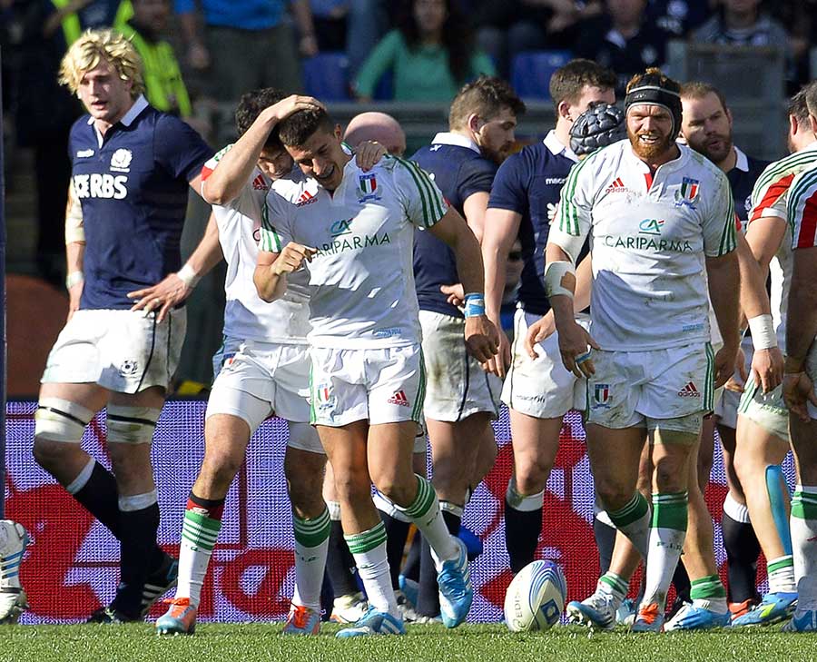 Italy celebrate Tommaso Allan's try against Scotland
