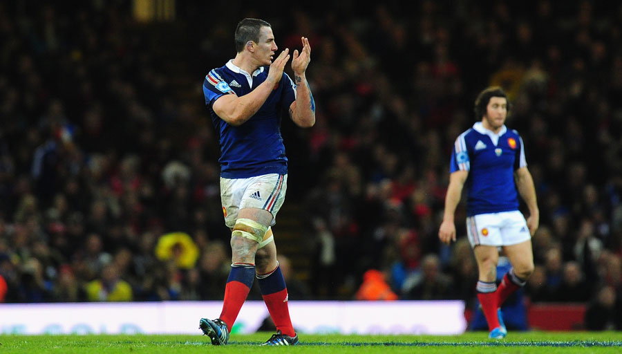 France's No.8 Louis Picamoles mockingly applauds the referee after being yellow carded