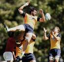 Waratahs' Jacques Potgieter takes the lineout in training