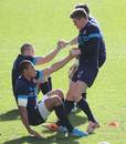 England's Owen Farrell trains with Luther Burrell