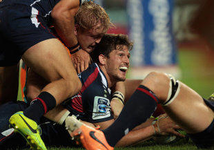 Luke Burgess dives over the line to score a try, Melbourne Rebels v Cheetahs, Super Rugby,  AAMI Park, February 28, 2014